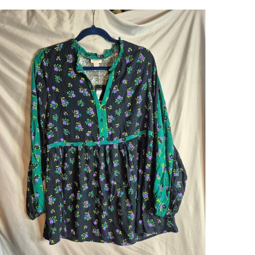 Avenue Women's Plus Size 16 Floral Print Long Sleeve Ruffle Trim Blouse